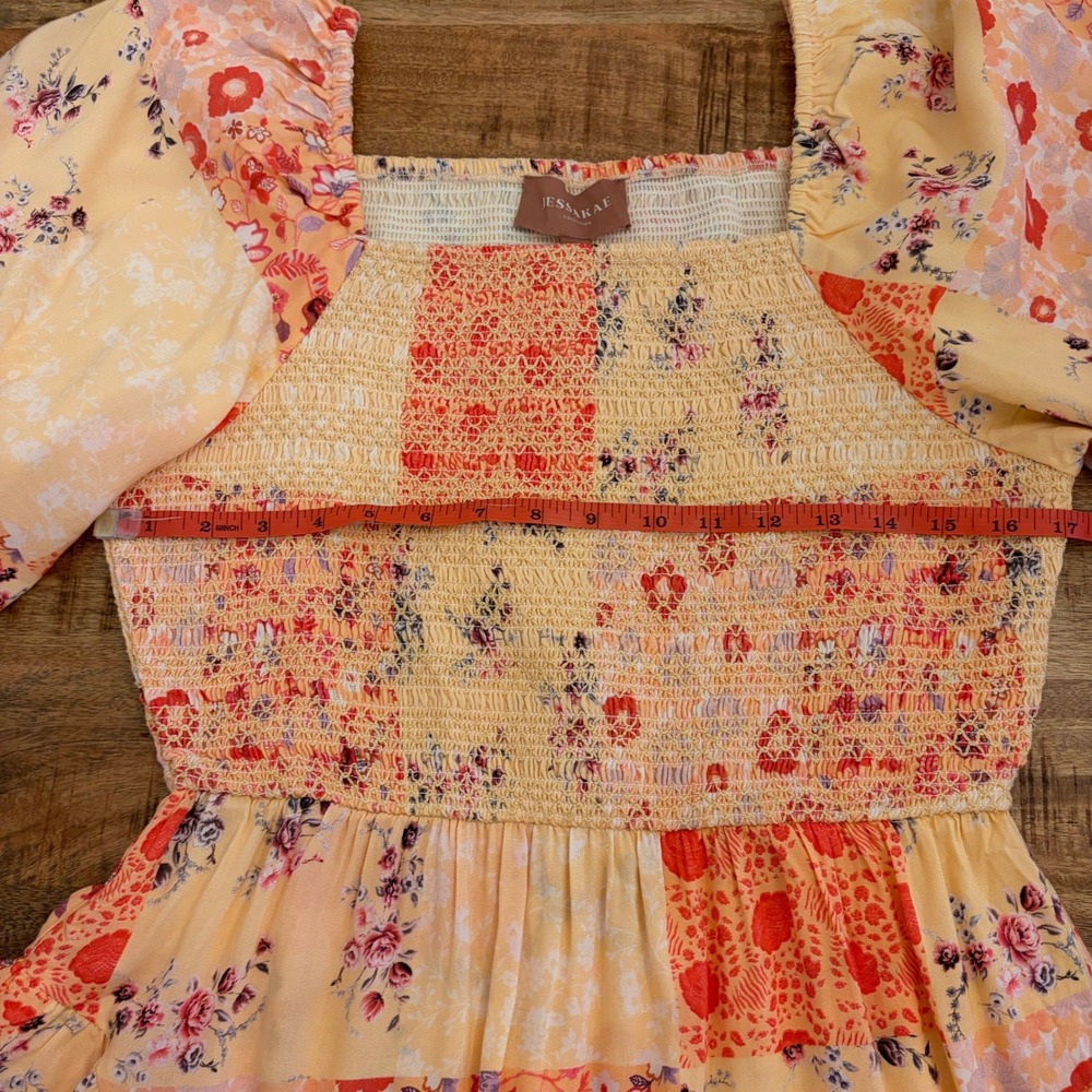 JessaKae Tweedle Dee Mini Dress L Floral Patchwork Smocked Puff Sleeve Boho NWT - Picture 10 of 12